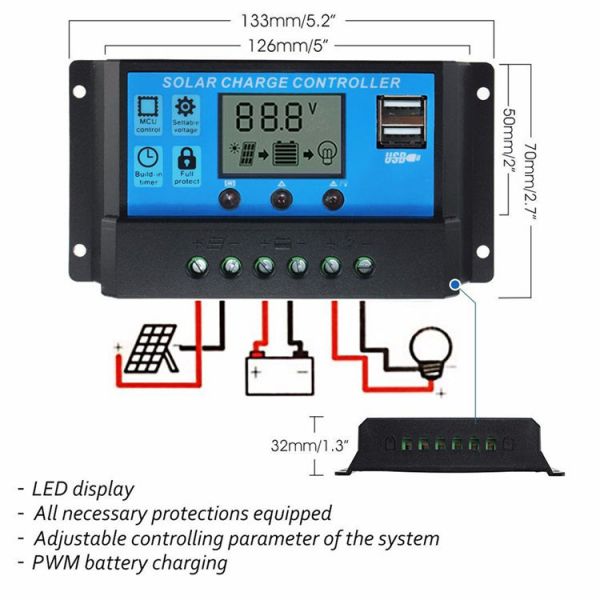 Napelem vezérlő - 12V / 24V Dual USB napelemes vezérlő, akkumulátor töltés szabályozó LCD kijelző Sz
